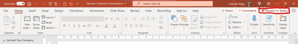 Screenshot of the PowerPoint ribbon with the Present in Teams button circled
