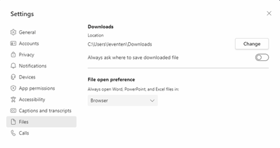 Screenshot of the file open preferences in Teams.