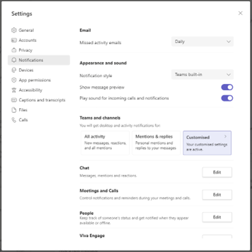 Screenshot of Teams notification settings.